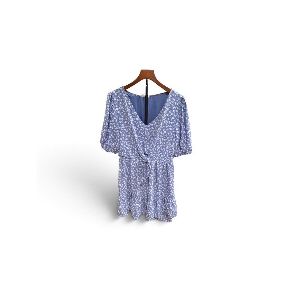 Sienna Sky Light Blue Floral V-Neck Mini Dress w/ Puff Sleeves and Ruffle Hem L